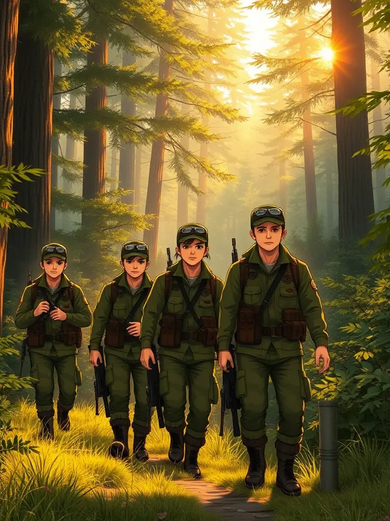 A group of SCJ members participating in an anti-poaching patrol, walking through the forest with appropriate gear. The image should convey a sense of vigilance and dedication to protecting wildlife.