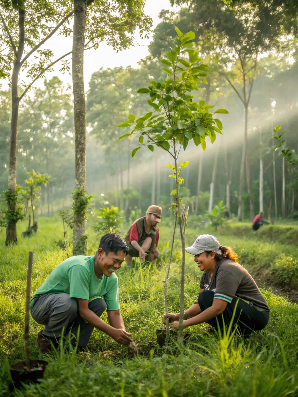 A wide shot of a group of SCJ members participating in a habitat improvement project, planting trees and clearing brush. The image should emphasize community involvement and environmental stewardship.